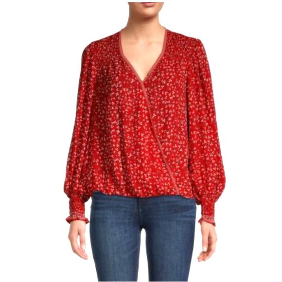 Max Studio Tops - Max studio Large blouse red floral Faux Wrap long sleeve cottage peasant fairy